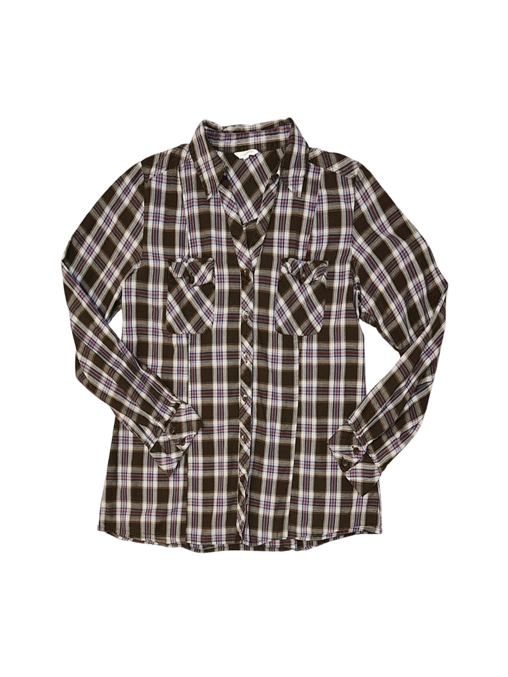 Maurices Plaid Button Down Shirt Long Sleeve Flannel Brown Purple Western Top